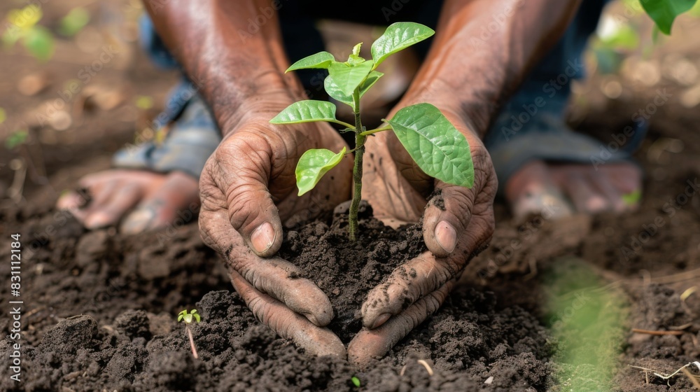 Poster close-up of hands holding a young tree sapling, ready to be planted in the soil, representing indivi