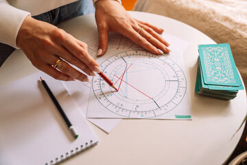 An astrologer draws with a pencil and a ruler on a natal chart.
