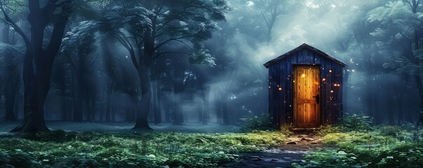 A mysterious cabin with a glowing door in a dense, foggy forest, evoking a sense of enchantment and wonder. Perfect for fantasy themes.