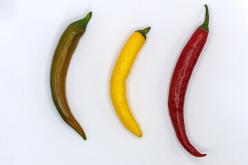 colorful chili peppers photographed on a white background