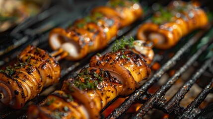 Close-up of marinated squid tubes grilling on skewers, releasing aromatic flavors and creating a mouthwatering dish for seafood lovers - Powered by Adobe