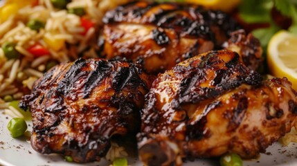 Enjoy the vibrant flavors of Caribbean cuisine with jerk chicken, marinated in a blend of spices and grilled to perfection, served with rice and peas.