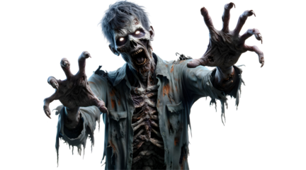 Male Zombie Reaching Out on Transparent Background, Scary Undead Creature