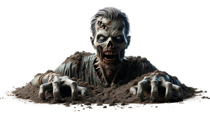 Obraz premium Zombie Crawling from Dirt Grave on Transparent Background