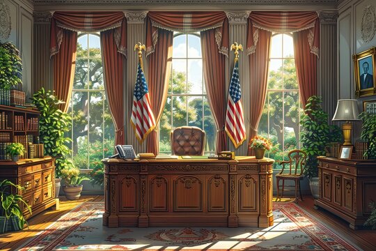 illustration of the White House Office, featuring an elegant desk with two flags on each side