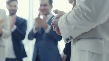 Great job Two cheerful business men shaking hands while their colleagues applauding and smiling in the background : Generative AI