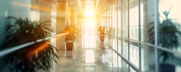 Blurred defocused sunlight in modern office hallway with glass window around