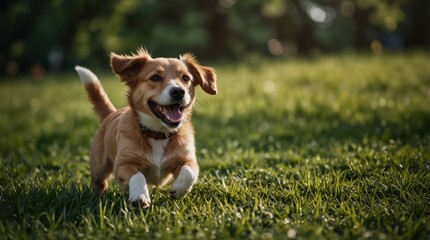 Cheerful pet dog playing on the verdant green grass in a full-length portrait, relishing the warmth of a summer day