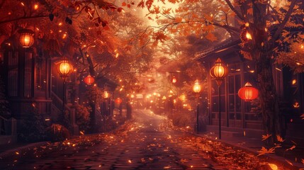 Pastel-toned background of a charming autumn street with lanterns and fallen leaves.