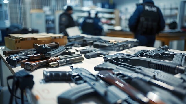 Police Station's Evidence Table Displaying Seized Weapons: A Statement on Law Enforcement's Role in