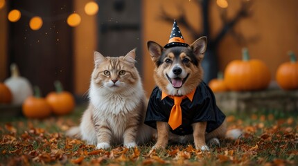 Festive Halloween vibes abound as a cat and dog don costumes against an orange backdrop, ready for trick-or-treating