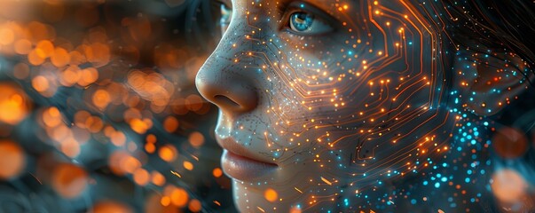 A closeup of an AI robot's face with digital circuitry visible, surrounded by blurred images representing data and technology. 