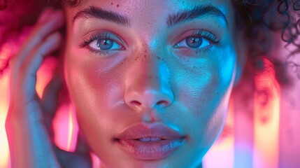 Fototapeta premium photograph of Shot of a beautiful female model applying moisturizer on her face with a glowing glow.