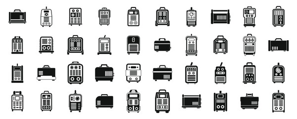 Welding machine icons set vector. A collection of various tools and equipment, including a backpack, a suitcase, and a toaster