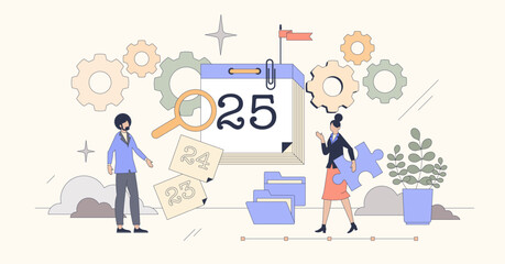 Workforce planning with labor management tiny person neubrutalism concept. Work strategy with employee organization for productive workflow vector illustration. Time management and HR schedule.