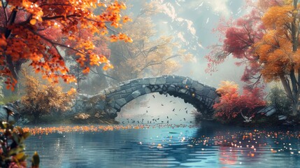 Pastel-colored background of a peaceful autumn river with a stone bridge.