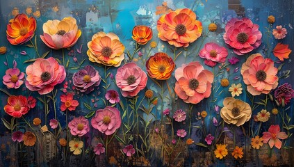 A collage of colorful flowers and mixed media, with newspaper texture edges, in an abstract style