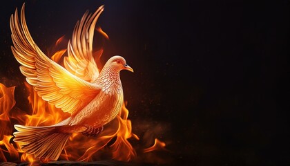 Fiery winged dove, symbol of the Holy Spirit, with space for text