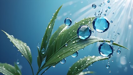 Isolated modern illustration of abstract blue water droplets falling from a green plant leaf. Low poly design with blue geometric background. Wireframe light connection structure. Modern 3D graphic