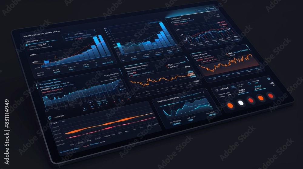 Poster a computer screen displaying a plethora of data, charts, and graphs, indicating comprehensive analys