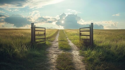 An open gate in a field leading to a wide horizon, representing the transition and possibility in...