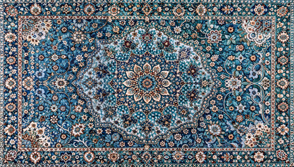 Elegant oriental carpet with intricate floral patterns on blue background. showcasing traditional craftsmanship and elegance. Generative ai