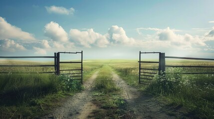 An open gate in a field leading to a wide horizon, representing the transition and possibility in...