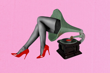 Creative collage picture woman attractive legs erotic concept gramophone vintage music player...