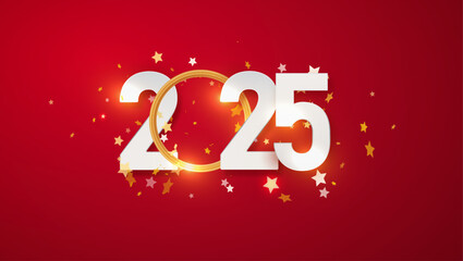 Happy New 2025 Year. Christmas red vector illustration of white numbers 2025 and sparkling golden glitters pattern. Realistic 3d flat sign. Happy New poster or banner design