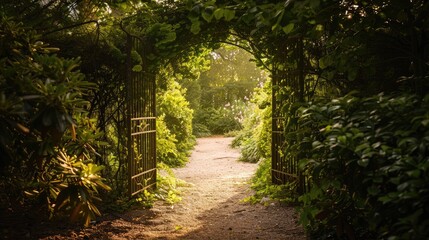 Obraz premium An open gate in a garden, illustrating the transition from confinement to freedom