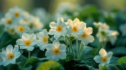 A bunch of white daisies are in full bloom, with the sun shining on them
