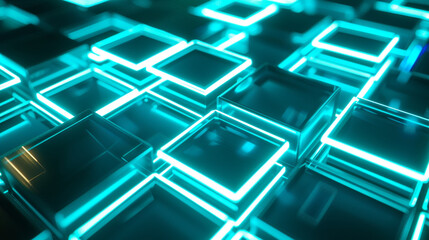 Obraz premium Aquamarine squares glow under neon, ideal for dynamic tech-themed campaigns,