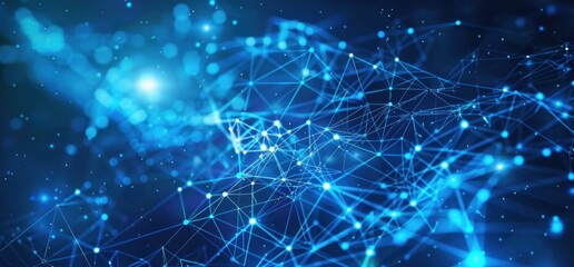 Blue background with glowing lines and digital icons representing data flow