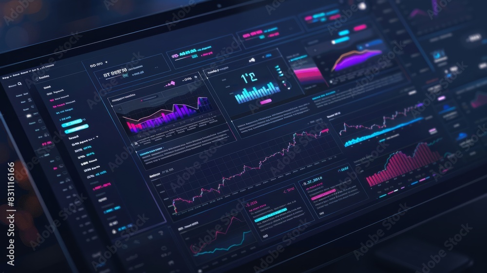 Poster computer screen showing a multitude of data and information in a digital format.