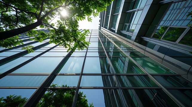 Sustainble green building Ecofriendly building in modern city Sustainable glass office building with tree for reducing carbon dioxide Office with green environment Corporate building r : Generative AI