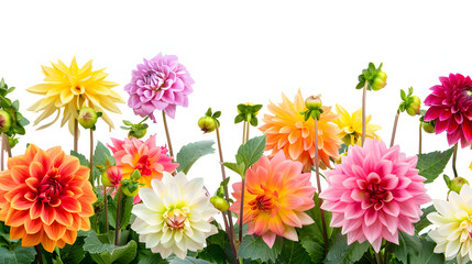 Colourful dahlia flowers in a backyard garden in autumn. fall season isolated on white background, space for captions, png
