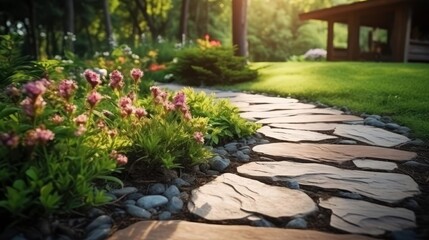 Obraz premium Outdoor DIY home improvement, creating a beautiful garden pathway