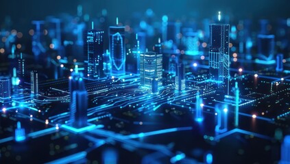 Blue digital circuit with data blocks and holographic icons on a dark background