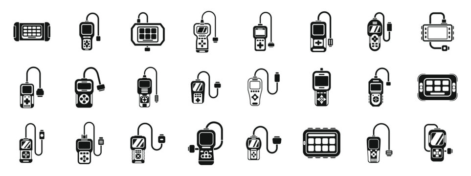 Car diagnostic scanner icons set vector. A collection of electronic devices including a cell phone, a remote control, and a video game controller