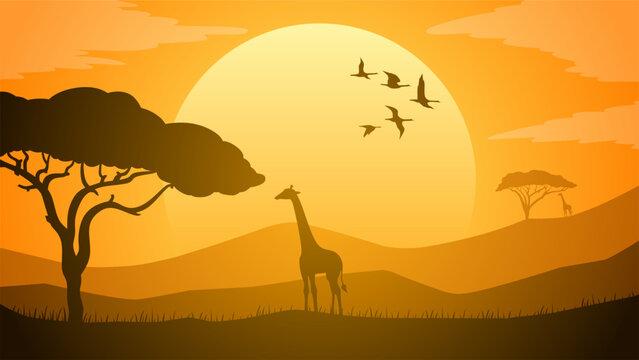 Landscape illustration of savanna field with giraffe and african tree