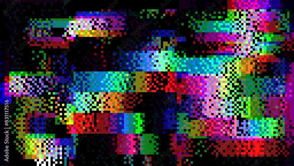 Poster Abstract Digital RGB Pixel Noise Glitch Error Screen Design. Video Damage Overlay Background. Vector Illustration.
