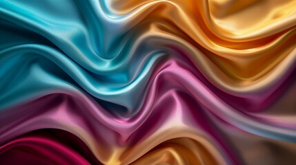 Obraz premium A beautiful fabric pattern with smooth, flowing curves in vibrant, metallic colors like turquoise, gold, and magenta, creating a modern and shiny background. Minimal and Simple style