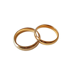 Two golden wedding rings on white background