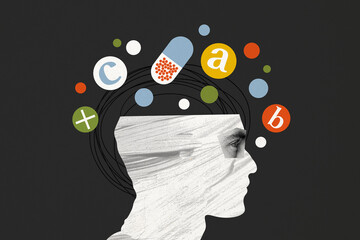 Composite photo collage of white shape man silhouette cut head pills schizophrenia syndrome illness treatment isolated on painted background