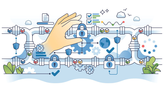 Data pipeline security with information protection outline hands concept. Safe data structuring, gathering, sorting and research with encryption tools vector illustration. Secured data algorithms.