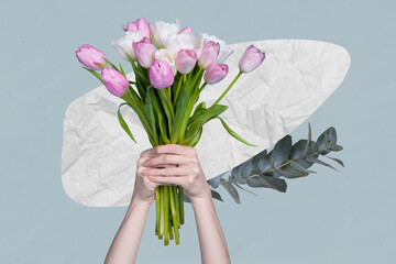 Composite collage picture image of arms hold tulip flowers isolated on creative background