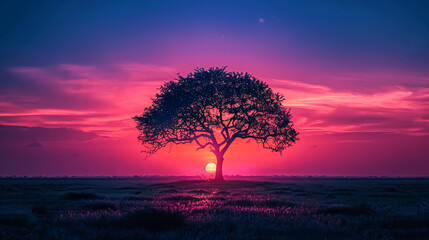 A lone tree in silhouette against a dramatic sunset, showcasing the contrast between the dark shape and the vibrant colors of the sky