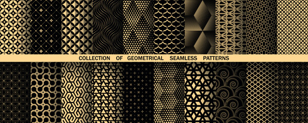 Geometric set of seamless black and golden patterns. Simple vector graphics