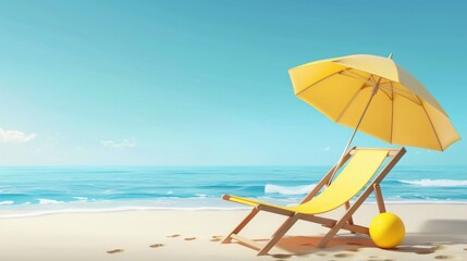 3d illustration summer leisure: beach chair, umbrella, and ball