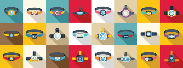 Headlamp icons set vector. A collection of wristbands with different colors and designs. The wristbands are arranged in a grid pattern